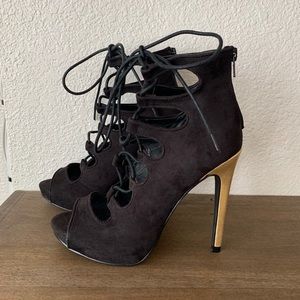 NEW LILIANA Black Platform Lace Up Gold Heel